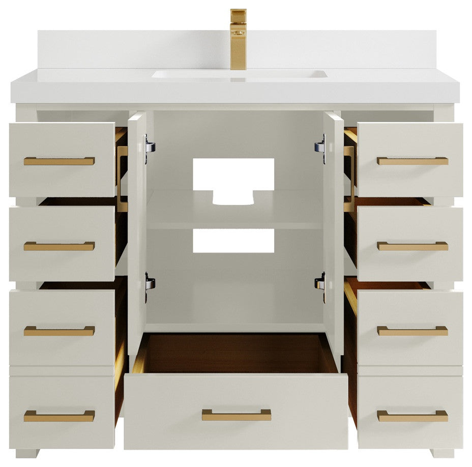 Malibu 42" Single Sink Bath Vanity in Fine Grain 2" White Quartz
