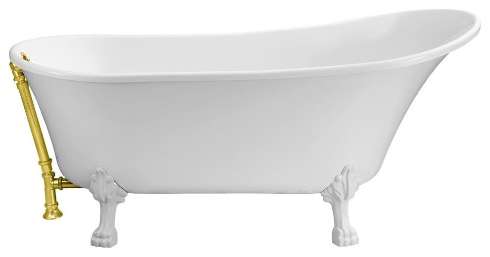 Soaking Clawfoot Tub With External Drain, 63", White/Gold