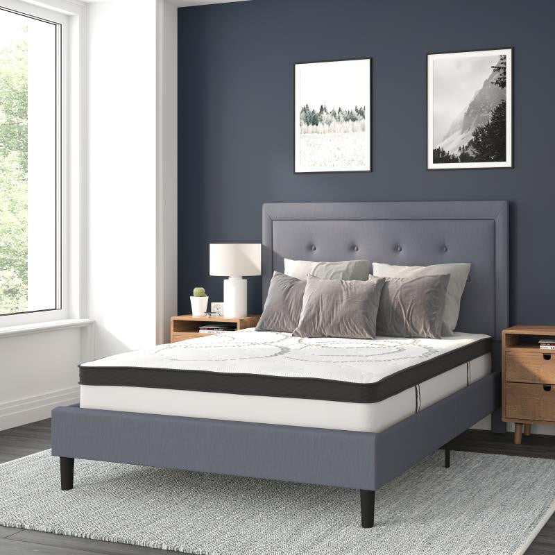 Roxbury Tufted Upholstered Platform Bed -10 Inch Foam & Pocket Spring Mattress, Light Gray, Full