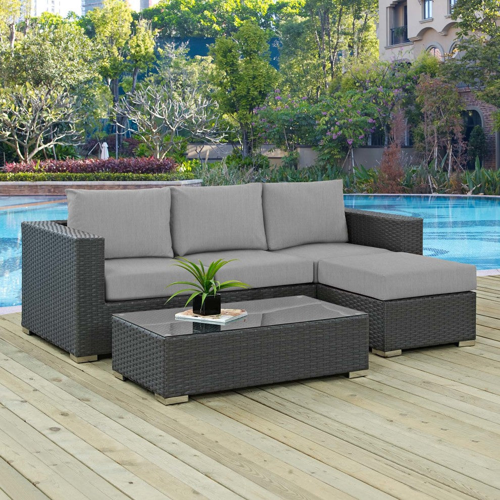Modern Outdoor Lounge Sectional Sofa Set, Sunbrella Rattan Wicker, Gray