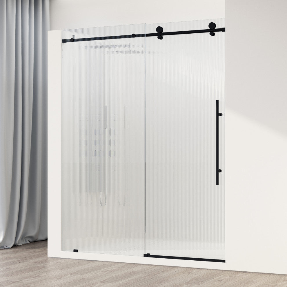 VIGO Elan E-Class 56" to 60" W x 76" H Frameless Sliding Shower Door, Matte Black, Fluted Glass, Right