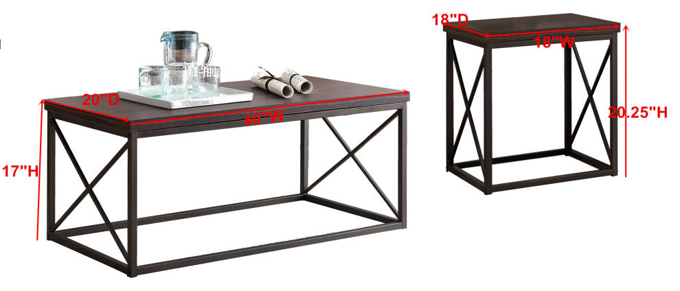 Elantra 3 Piece Coffee Table Set, Brown Wood Top and Pewter Metal Frame