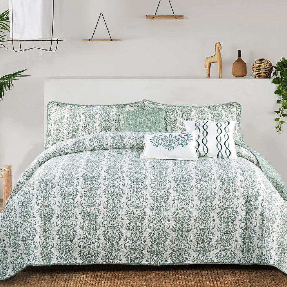 Mayfair 6 Piece Quilted Printed Bed Spread, Mint Green/Lime/Mint, Queen
