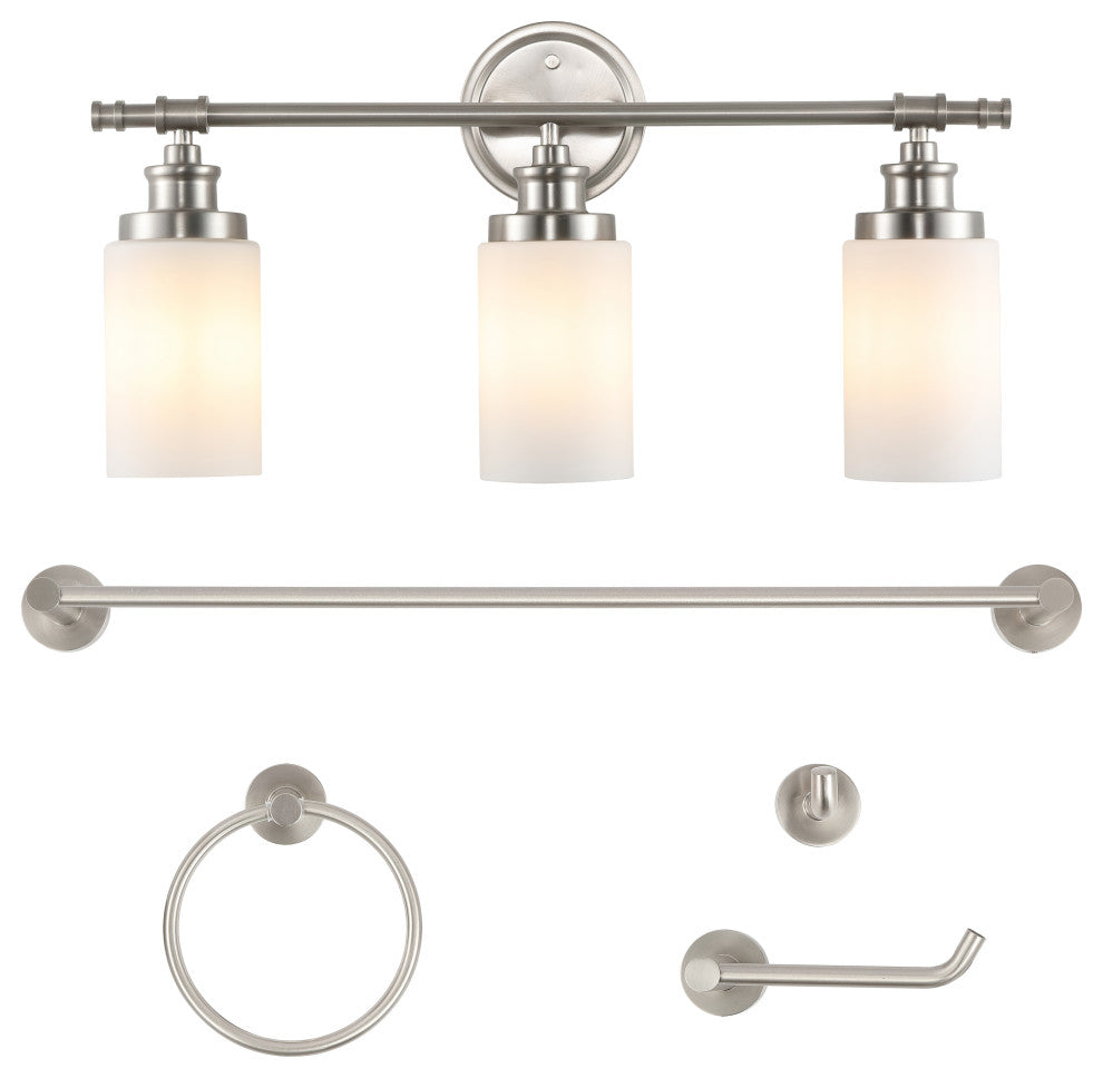 3-Light Classic Vanity, Frosted Glass Shades, Bathroom Hardware Set, 5-Piece