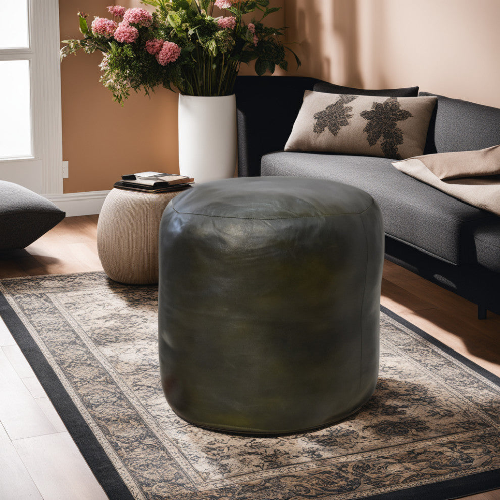 Poufs-Solid Goat Leather Pouf, Handmade (Recycled Cotton Fill), {Round}14x14x14