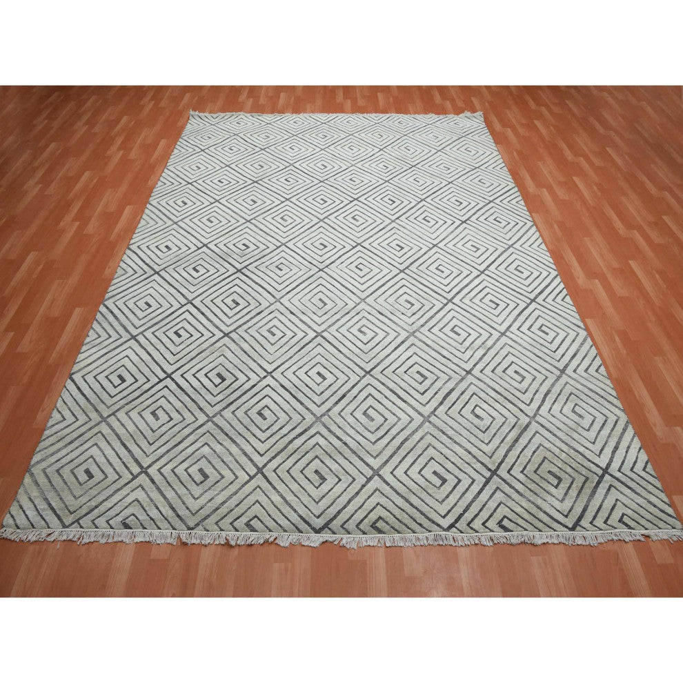 Ivory, Modern Roman Key Design, Silk With Wool Hand Knotted Rug, 9'0"x12'1"