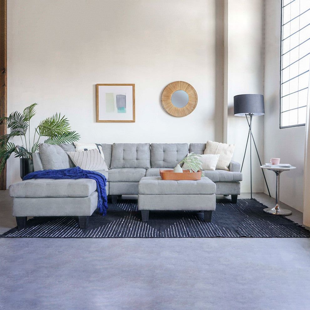Microfiber Sectional Sofa With Reversible Chaise and Ottoman, 3-Piece Set, Gray