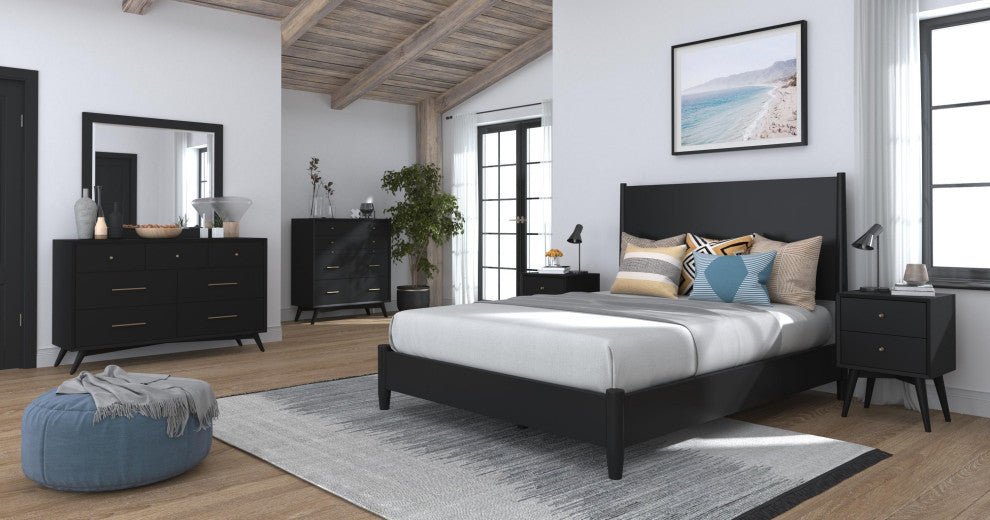 Flynn Mid Century Modern Standard King Panel Bed, Black