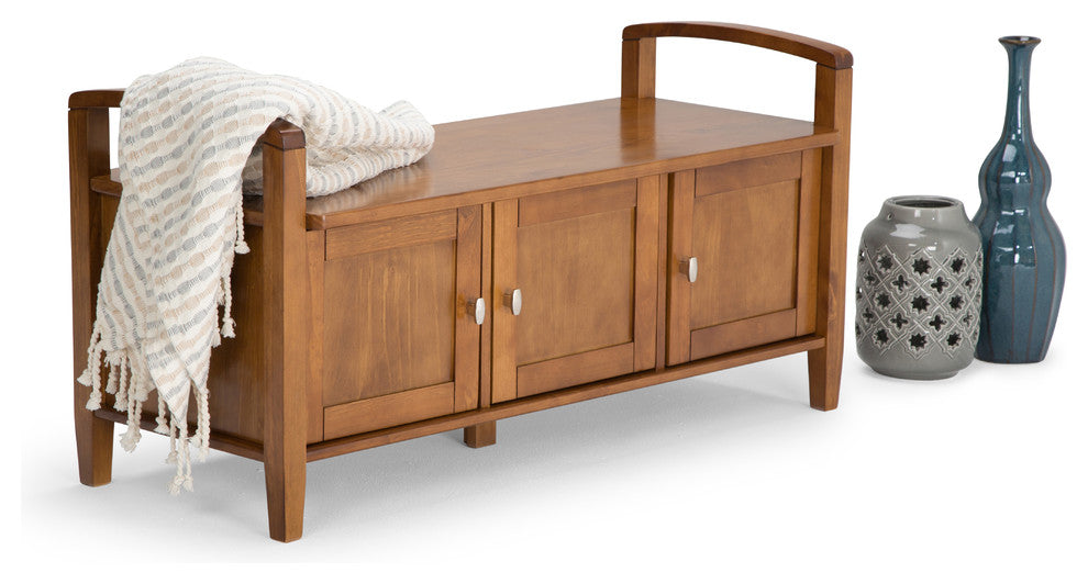 Warm Shaker Solid Wood 44 Inch Wide Entryway Storage Bench In Light Golden Brown