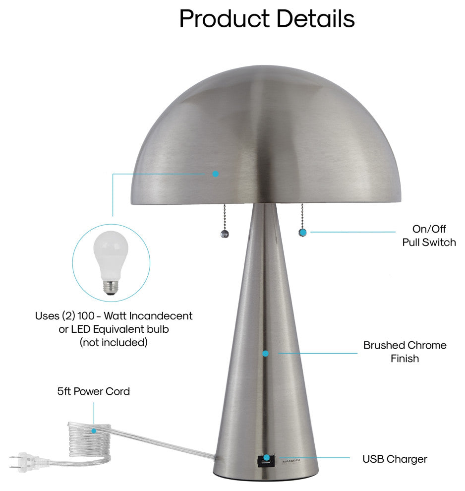 Inspired Home Emmalin Table Lamp, USB Charger, Stainless Steel