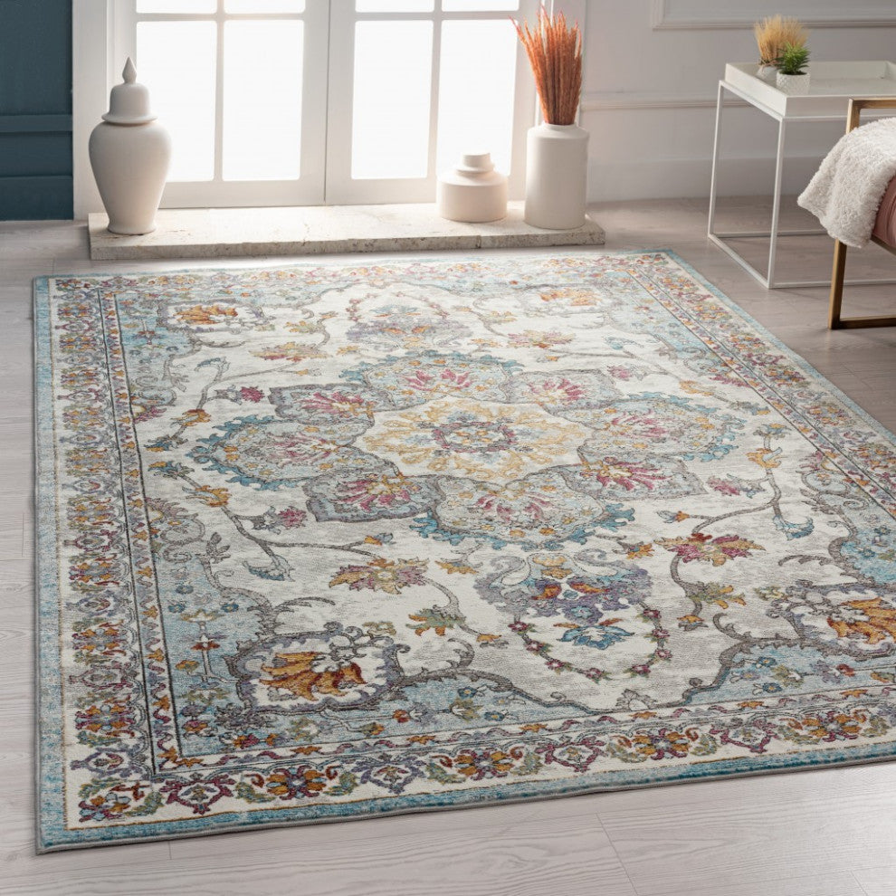 8" x 10" Blue and Ivory Center Medallion Area Rug