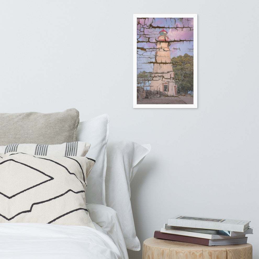 Faux Wood Texture Marblehead Lighthouse at Sunset Framed Photo Wall Art Print, White, 12" X 18"