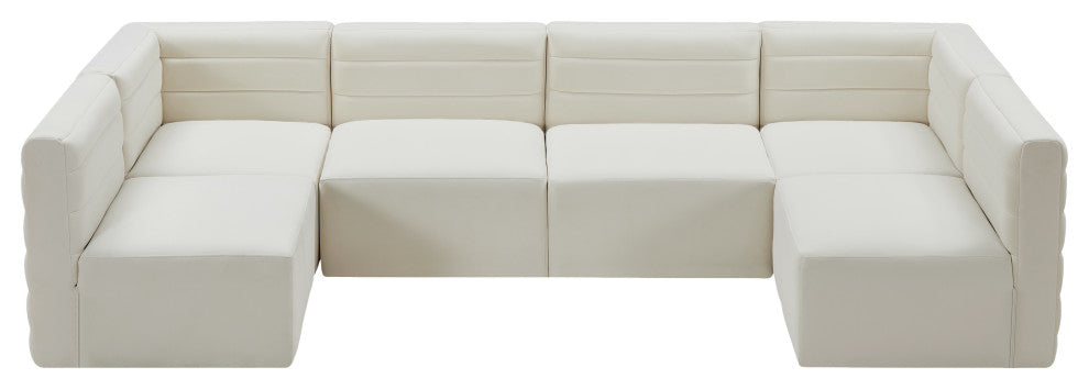 Quincy Velvet Upholstered 6-Piece U-Shaped Modular Sectional, Cream