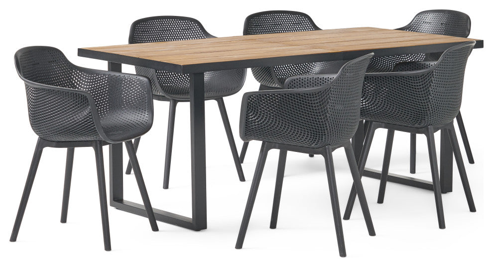 Barbados Outdoor Wood and Resin 7 Piece Dining Set, Black and Teak