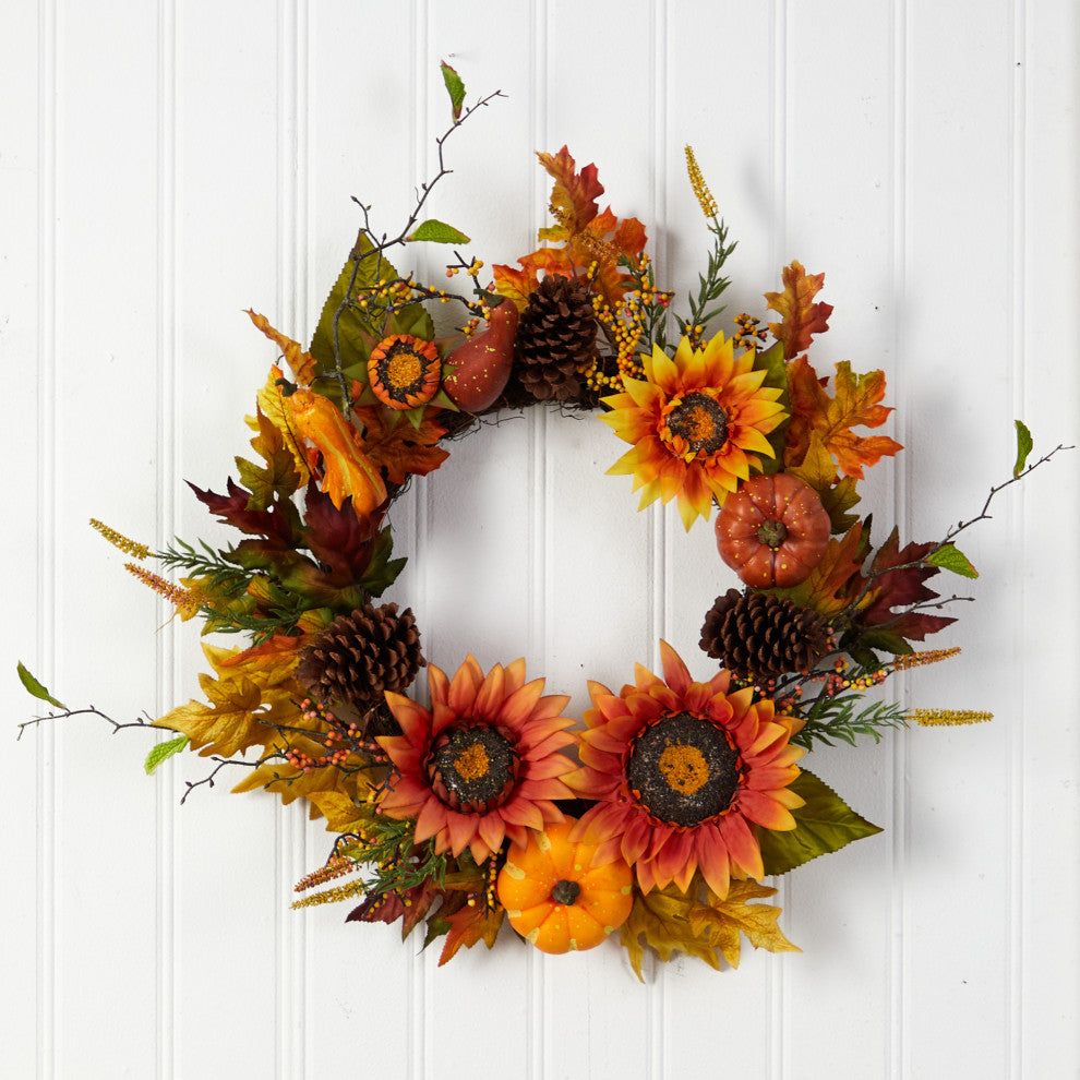 24" Fall Sunflower, Pumpkin, Gourds, Pinecone and Berries Autumn Faux Wreath