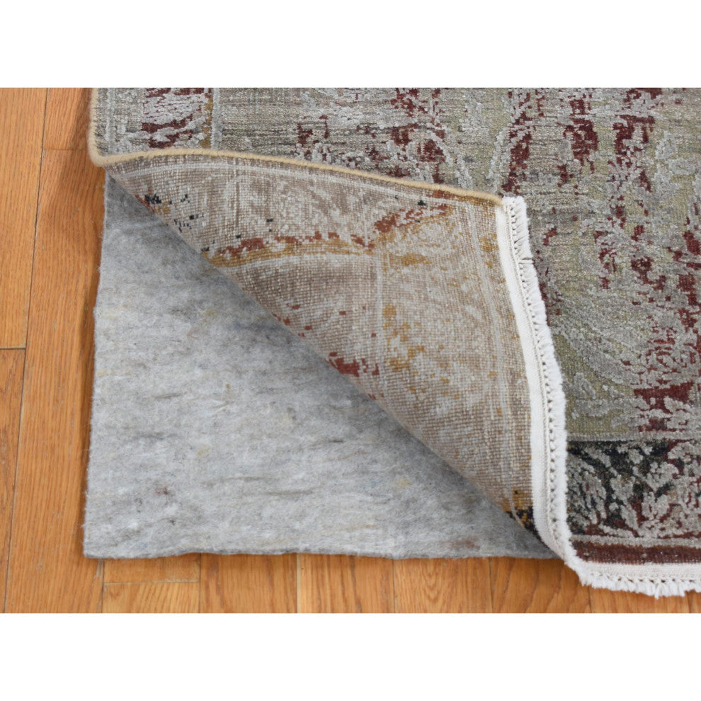 Gray, Erased Tulip Design Silk With Wool Hand Knotted Runner Rug, 2'6"x9'10"