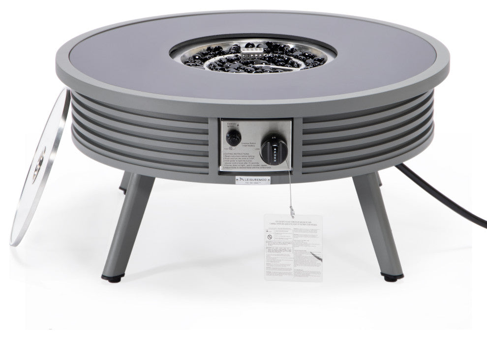 Leisuremod Walbrooke Patio Round Fire Pit Table With Aluminum Slats Frame, Gray