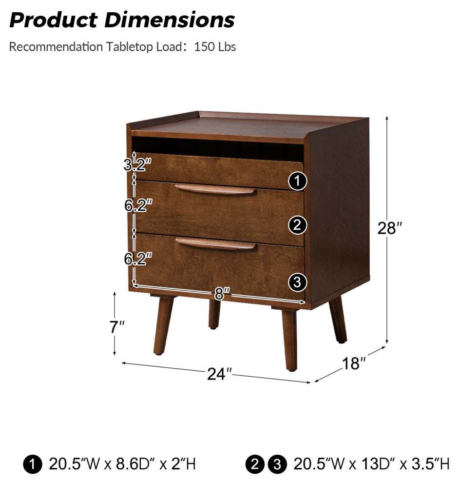 Mid-Century Modern 3-Drawer Nightstand With Charging Station, Walnut