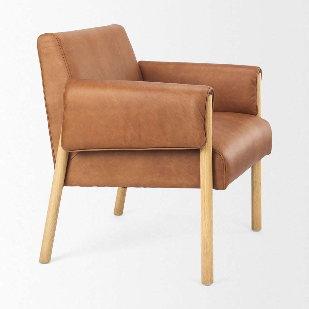 Ashton Medium Brown Genuine Leather w/ Natural Solid Wood Accent Chair