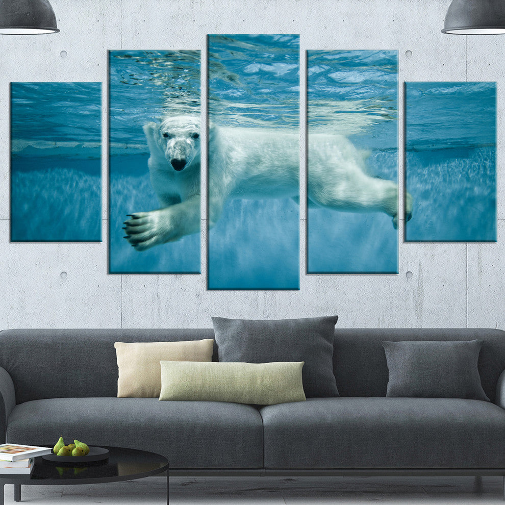 Polar Bear Swimming under Water, Large Animal Canvas Artwork, 60"x32", 5 Panels