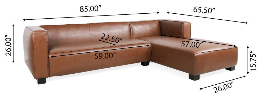 Minkler Contemporary Faux Leather 3 Seater Sofa With Chaise Lounge, Cognac/Dark Walnut