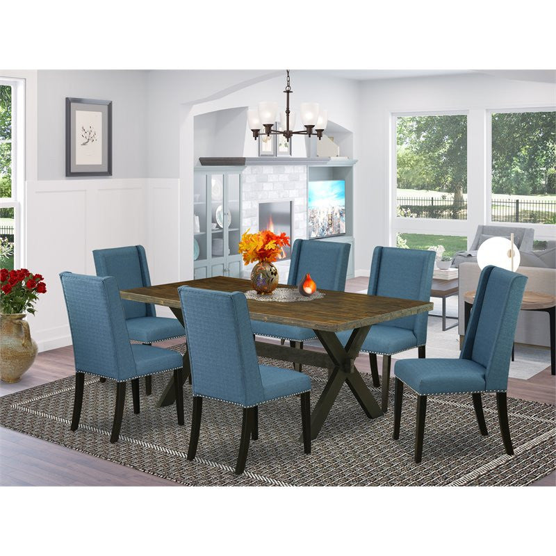 X677Fl121-7, 7-Piece Dinette Set Table Top and 6 Linen Fabric Chairs, Black