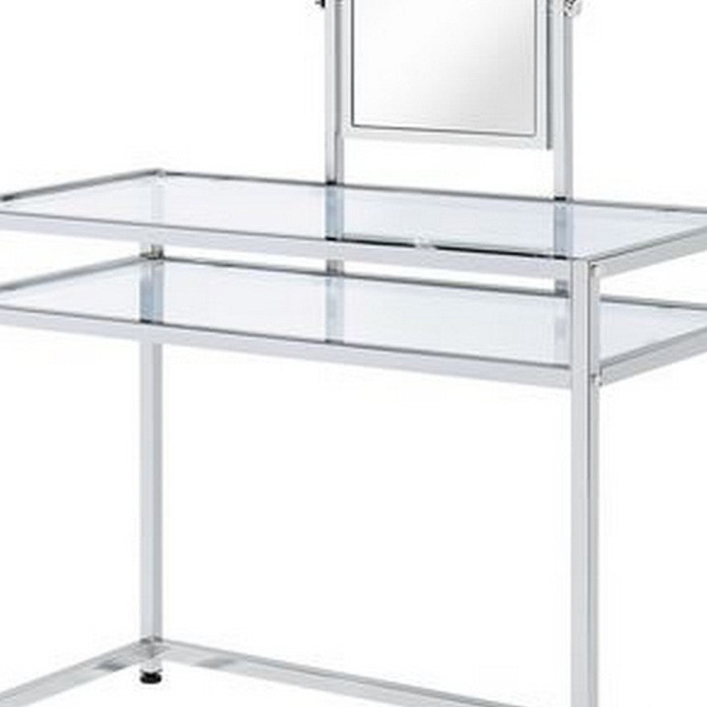Benzara BM275480 2 Piece Metal Vanity Set, Tempered Glass, Faux Fur Seat, Silver