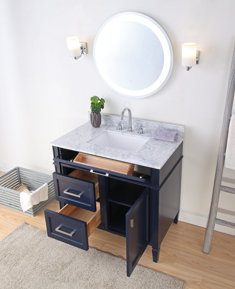 36 Inch Durand Modern Navy Blue Bathroom Sink Vanity with Stone Counter Top, Italian Carrara Top