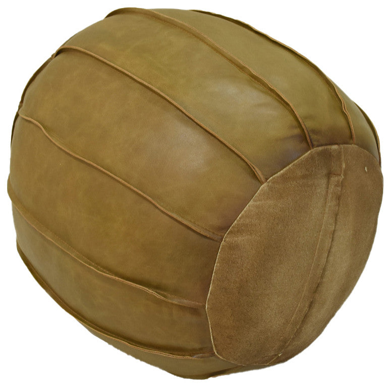 Handmade Leather Round Pouf (Recycled Foam with Fiber Fill) Cognac Color, 21x21x12