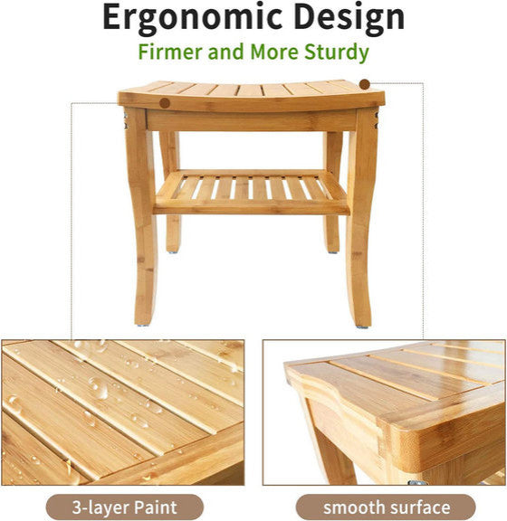 Bamboo Shower Bathroom Bench With Shelf 18"
