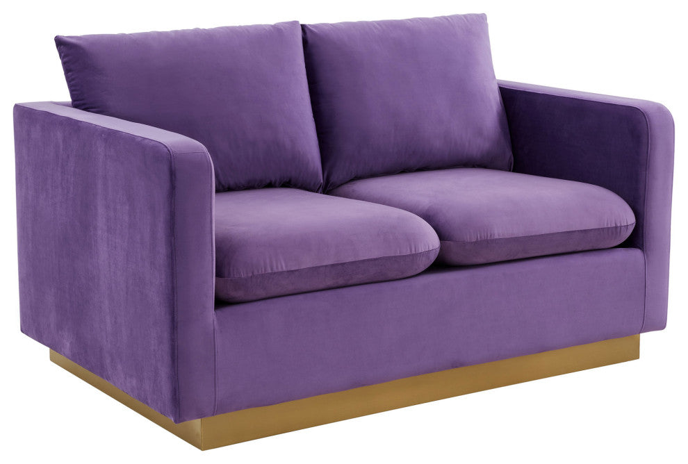 LeisureMod NS55PU Nervo Purple Modern Mid-Century Velvet Loveseat Gold Frame