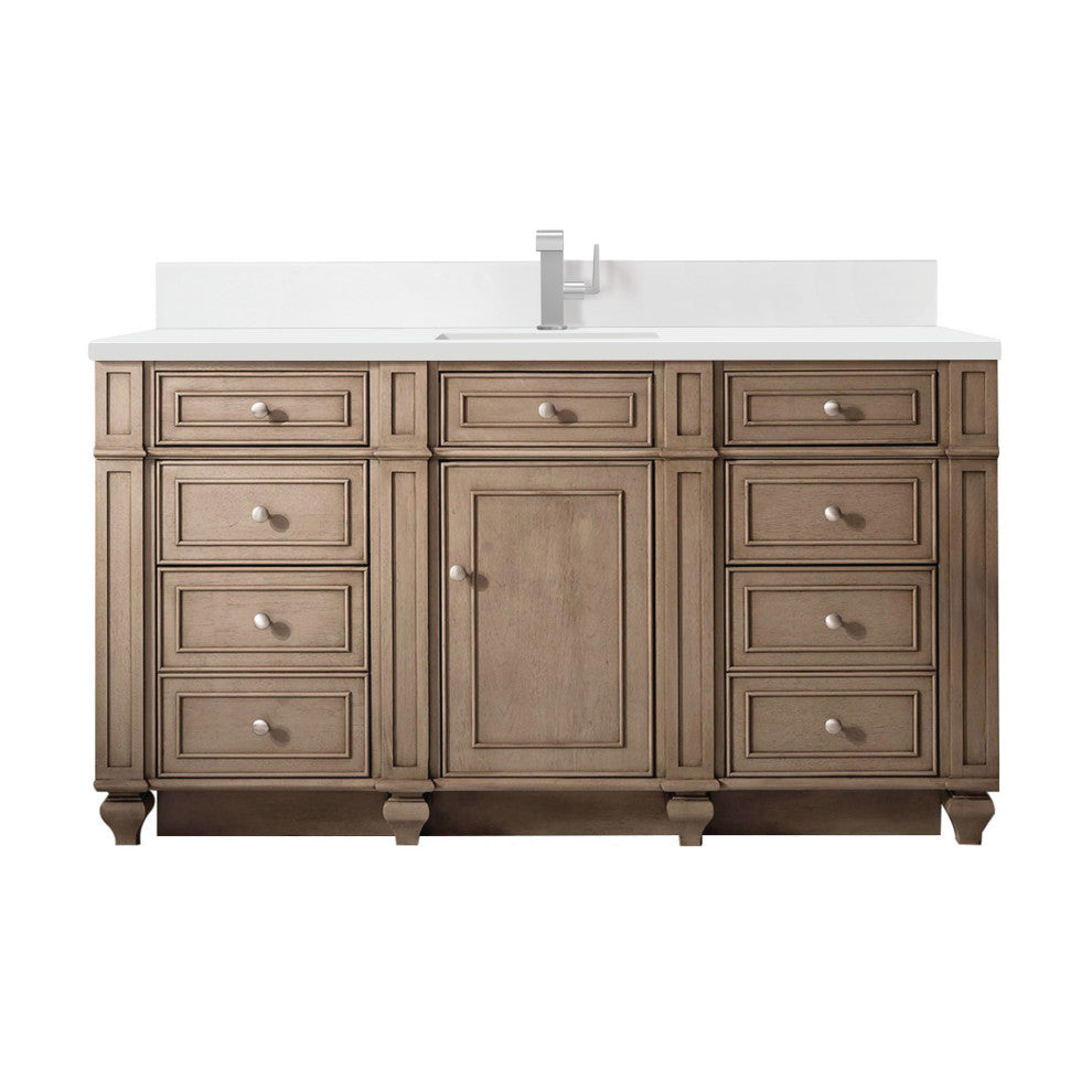 Bristol 60" Single Vanity Whitewashed Walnut, 1-Hole White Quartz, Backsplash