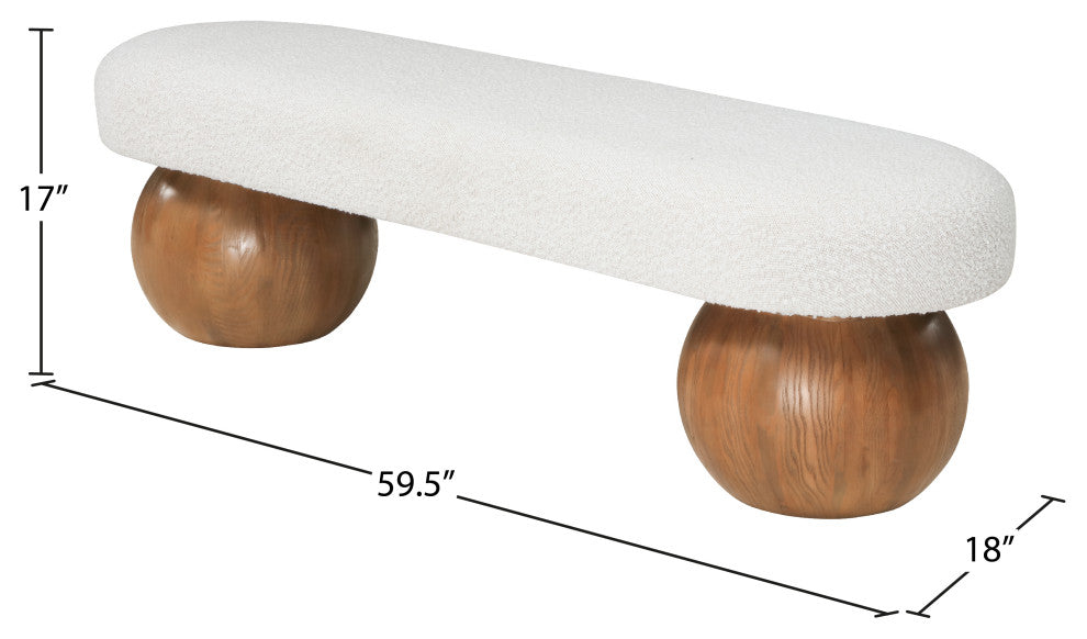 Meridian Furniture Bowie Boucle Fabric Upholstered Bench, Cream, Brown Finish
