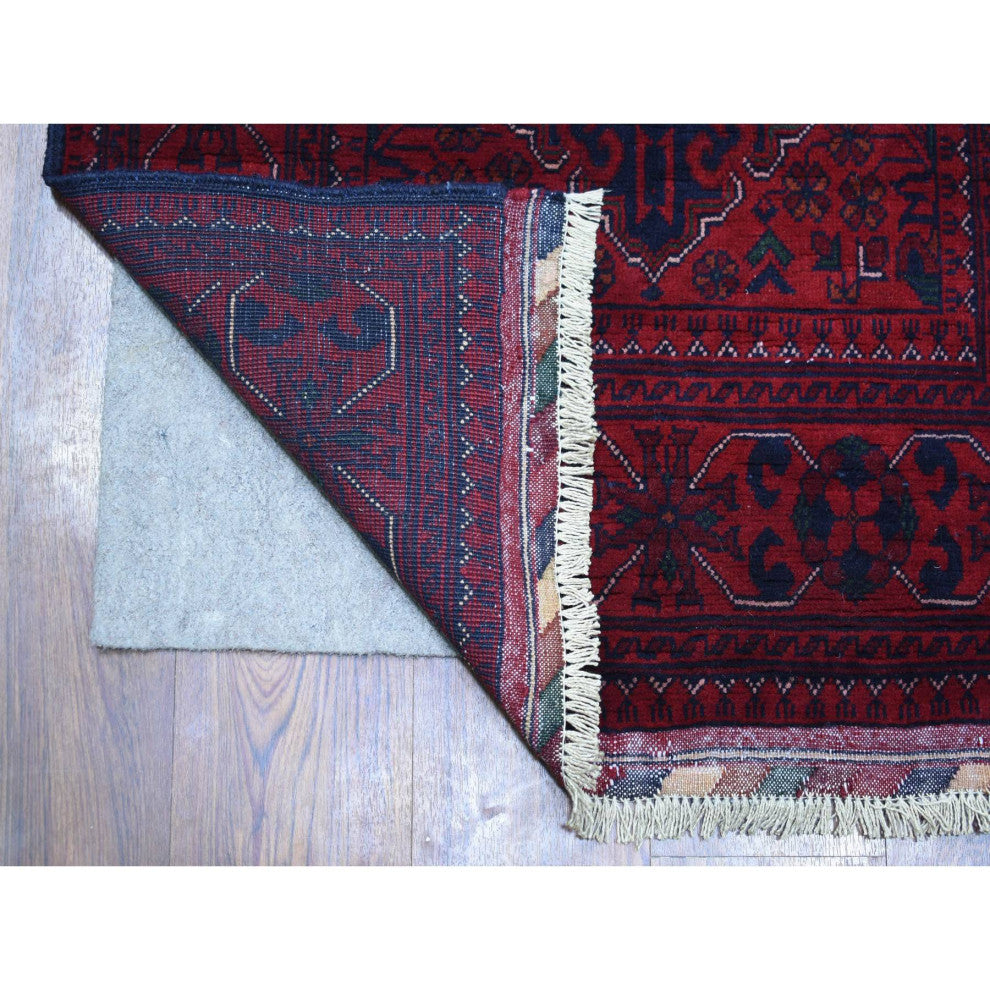 Deep Red, Afghan Khamyab, Soft Wool Hand Knotted Runner Rug, 2'7"x13'0"