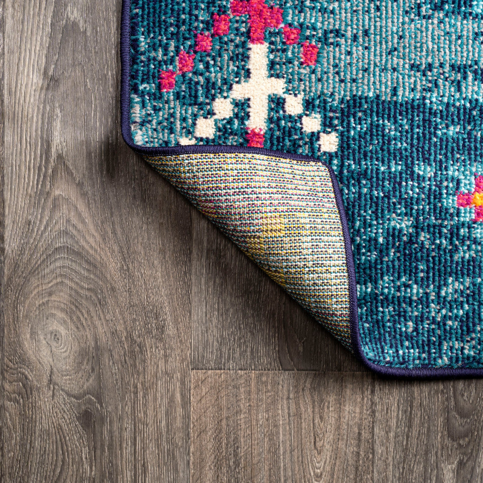 Tribal Love Geometric Area Rug, Dark Blue/Multi, 2 X 8