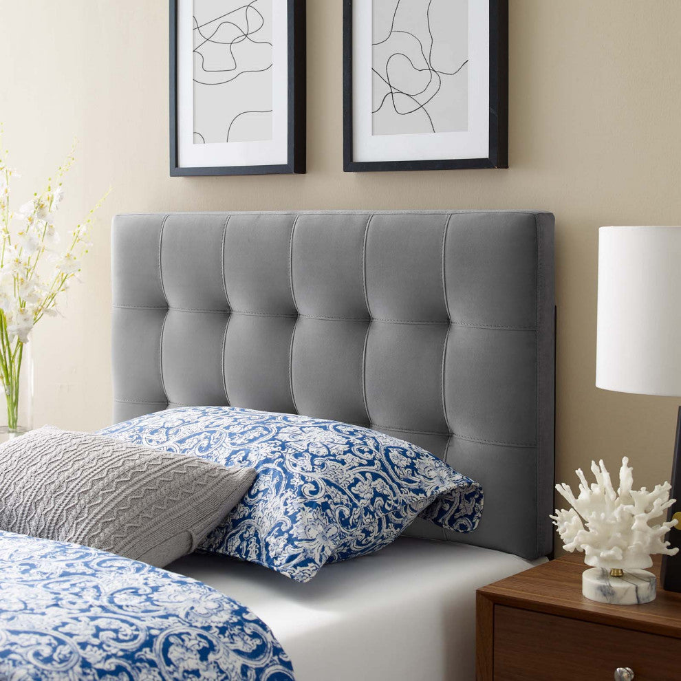 Lily Biscuit Tufted Twin Performance Velvet Headboard-Gray