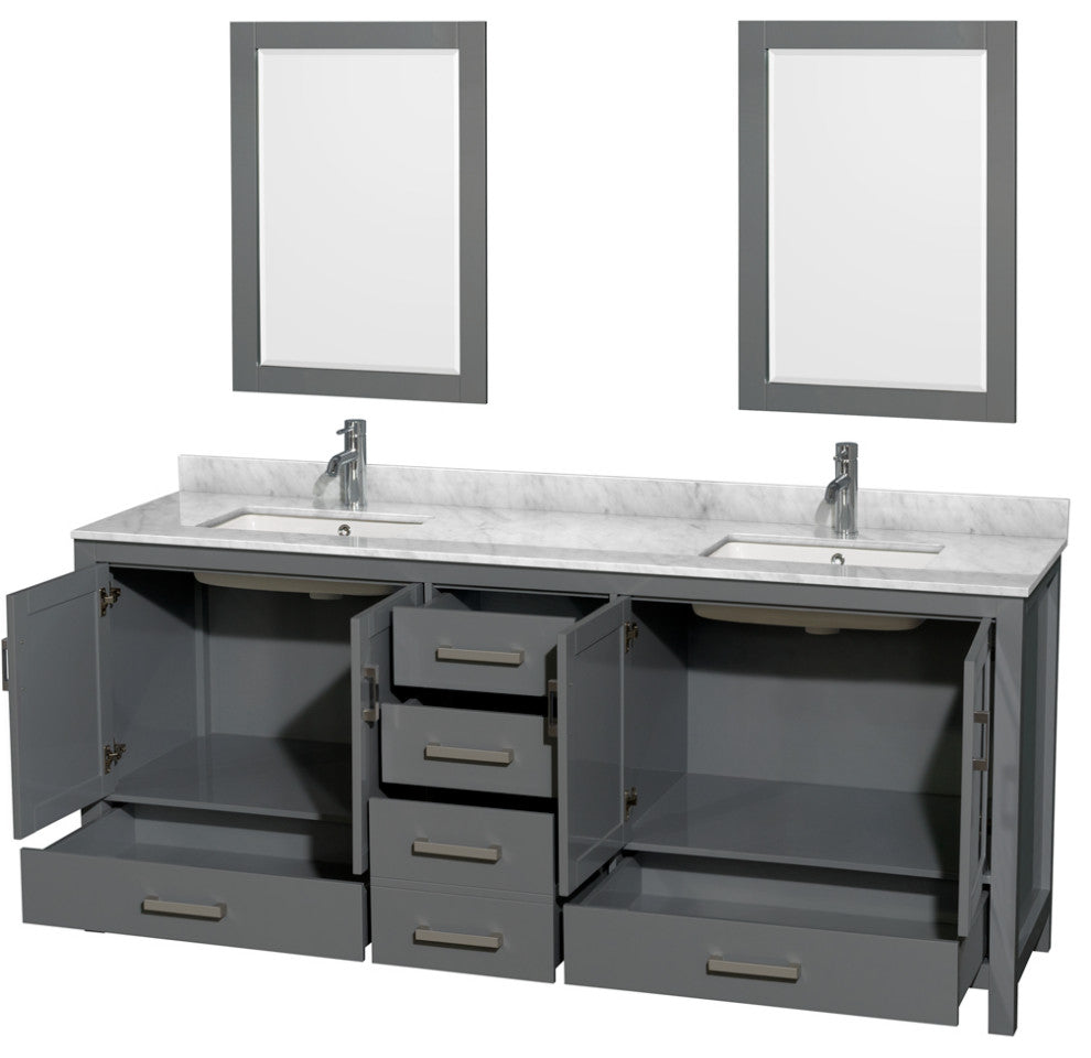 Sheffield 80" Dark Gray DBL Vanity, Carrara Marble Top, UM Sq Sinks, 24" Mrrs