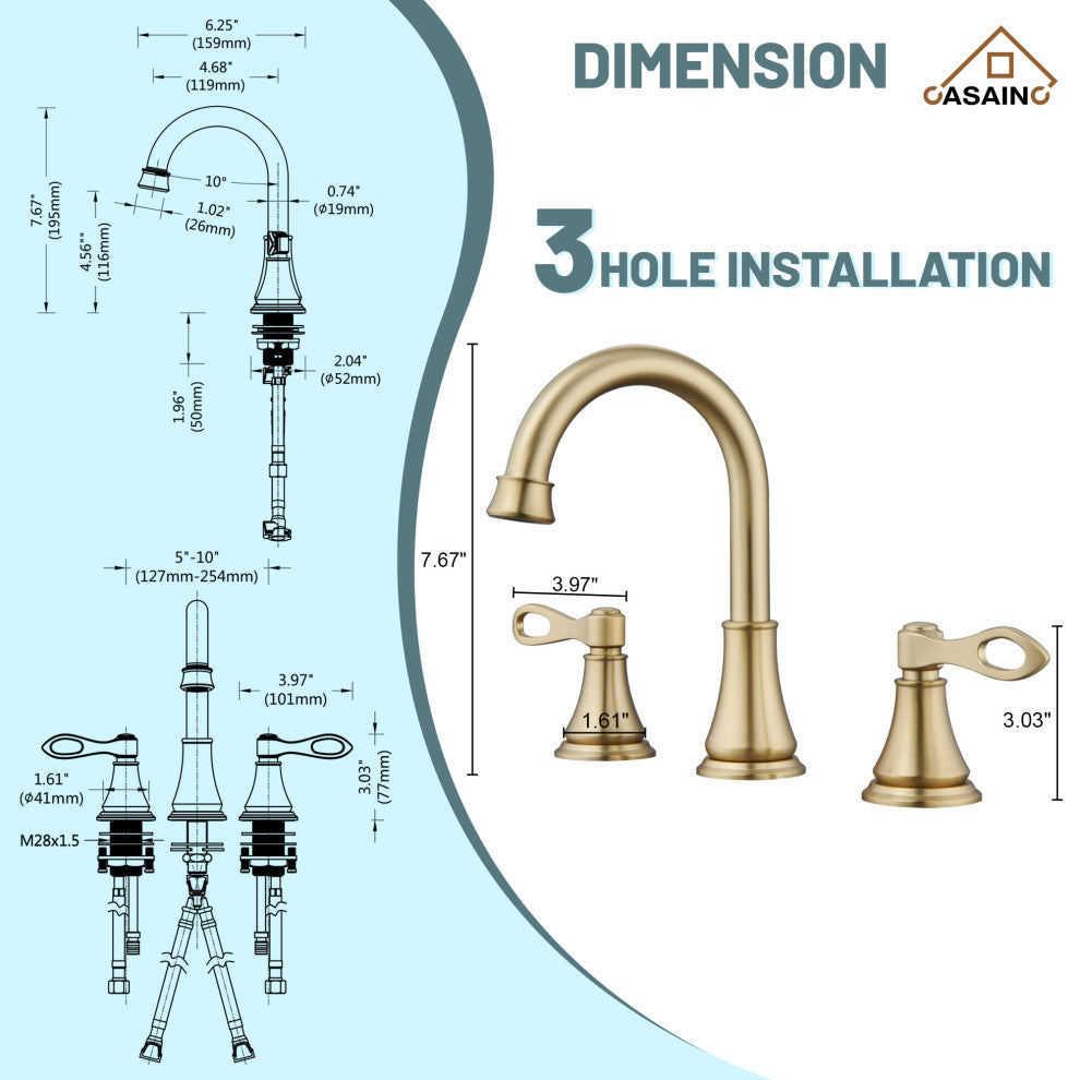 8in Brass Bathroom Sink Faucet 3 Hole Gold Bathroom Faucet 2 Handle Gold Faucet, Brushed Gold