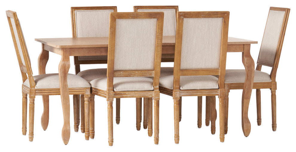 Fernleaf French Country Fabric Upholstered Wood Expandable 7-Piece Dining Set, Natural Brown/Beige