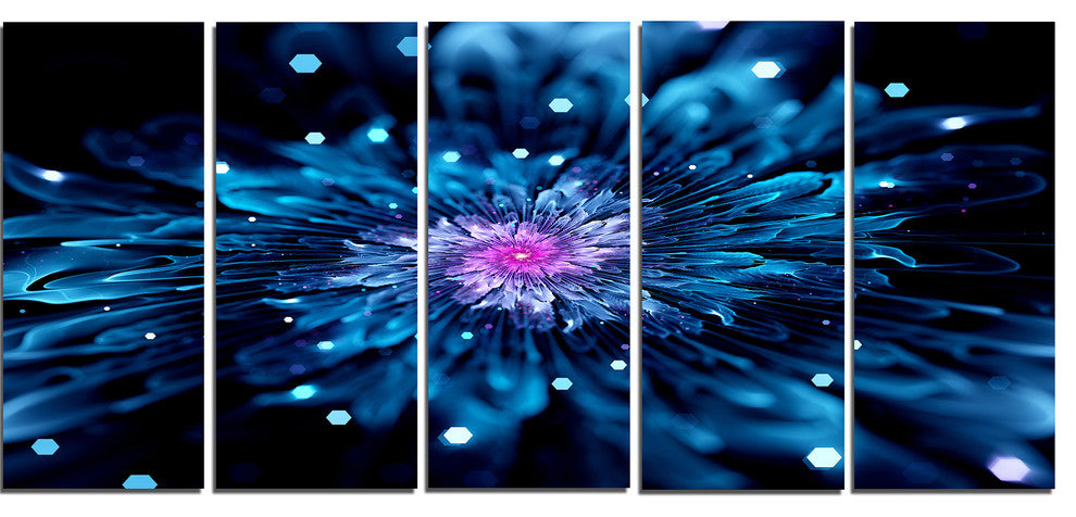 Blue Fractal Flower with Shiny Particles, Flower Canvas Art, 60"x28", 5 Panels
