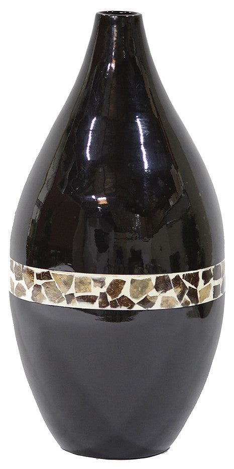 HomeRoots Genie Black Lacquer With Brown Coconut Shell Spun Bamboo Vase