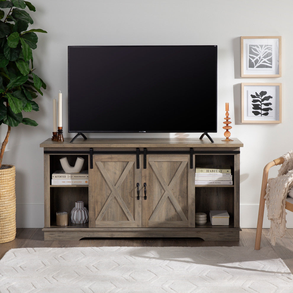 58" Farmhouse Sliding Barn Door TV Stand Media Console, Gray Wash