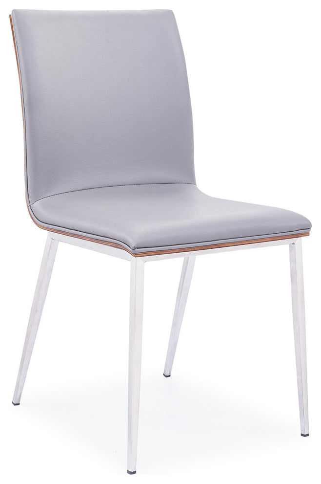 Crystal Dining Chair in Brushed Stainless Steel w/ Gray Faux Leather - Set of 2