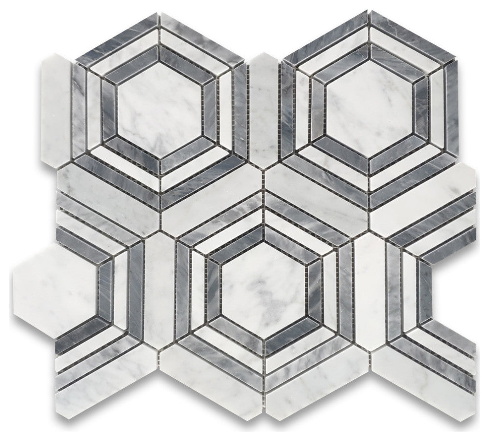 Carrara White Gray Marble Hexagon Georama Geometric Mosaic Tile Honed, 1 sheet