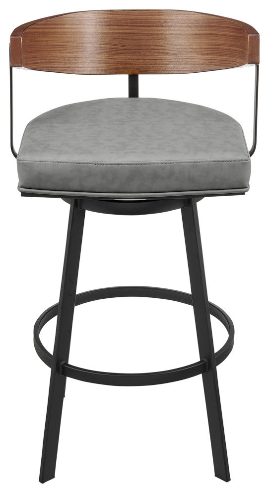 Lacey Swivel Stool, Black/Walnut Finish & Gray Faux Leather, Bar, 30"