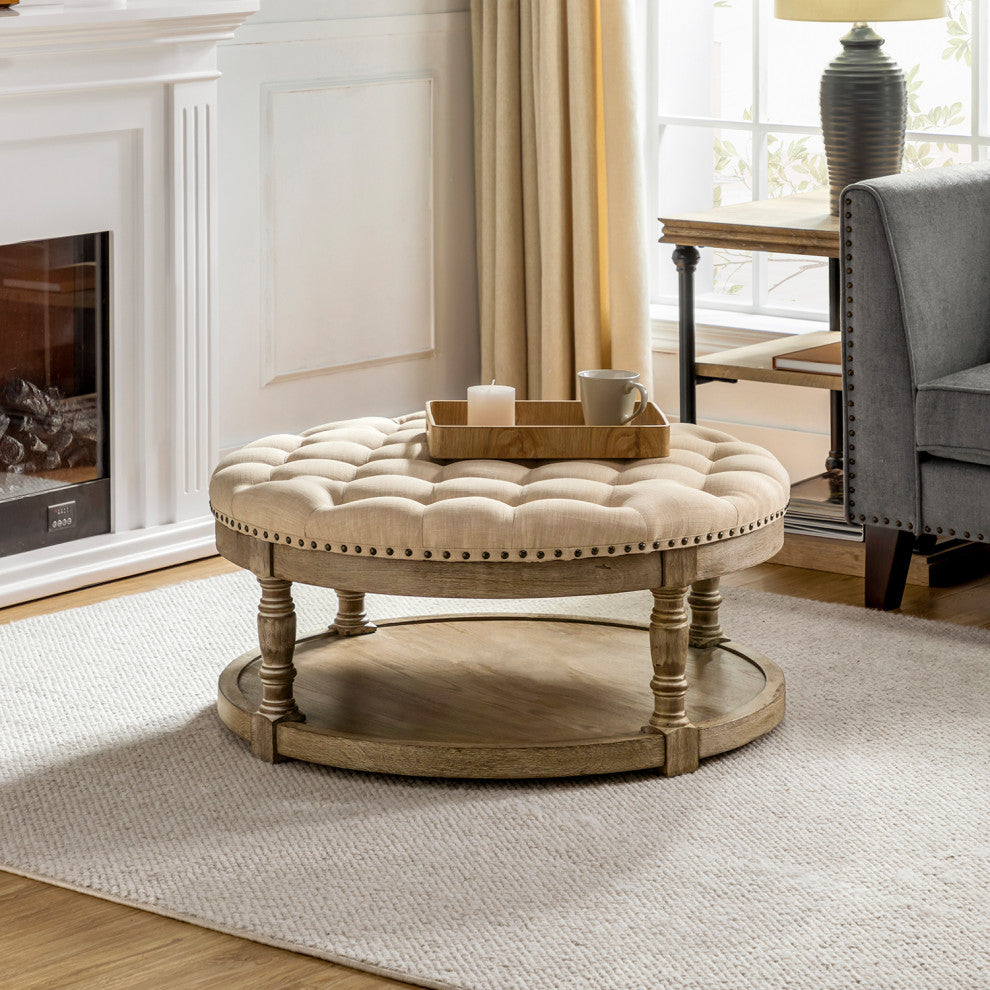 36" Wide Tufted Round Cocktail Ottoman With Storage, Linen