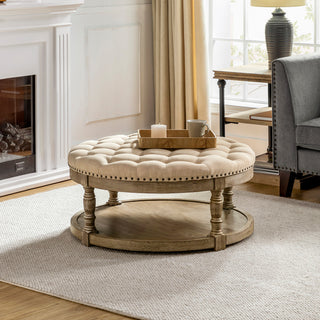 36" Wide Tufted Round Cocktail Ottoman With Storage, Linen