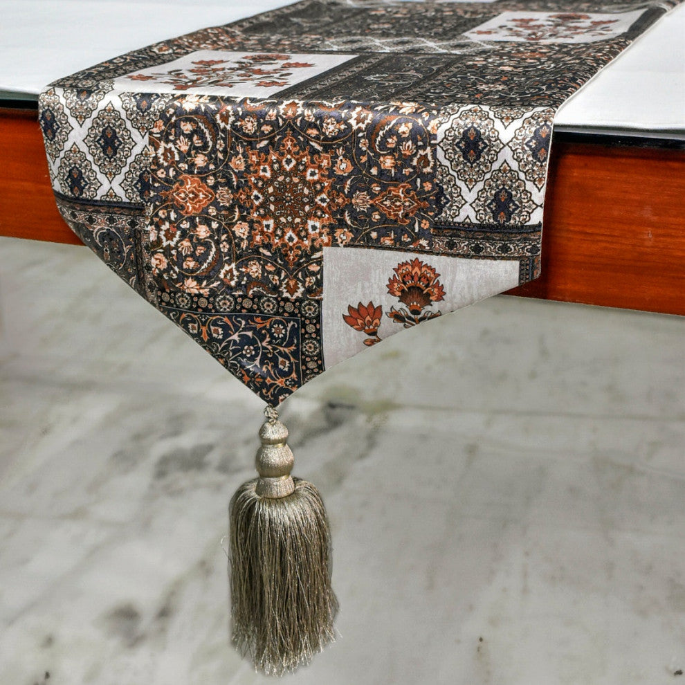 Decorative Table Runner Brown Satin 14"x120", Persian, Floral Niloufar