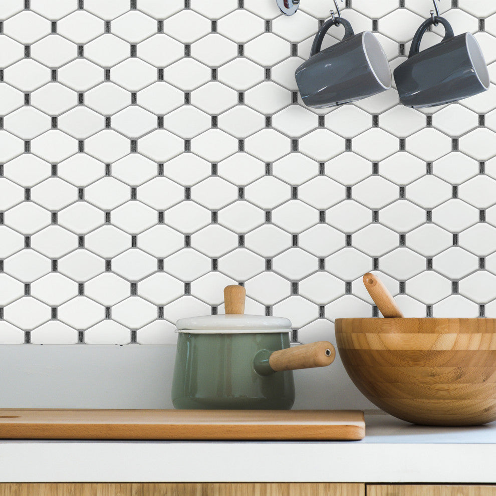 Badajoz 11.5x10.94, Honeycomb Glass Mosaic Tile, White/Black, Box of 11