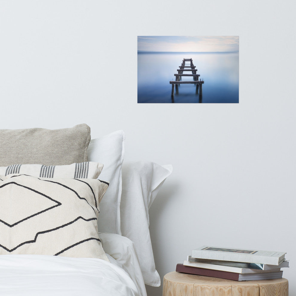Soft Blue Lake and Abandoned Pier Landscape Photo Loose Wall Art Prints, 12" X 18"